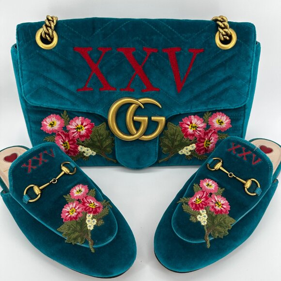 Gucci Velvet Floral Embroidered Princetown Slippers, Size 39.5 - Picture 2 of 10